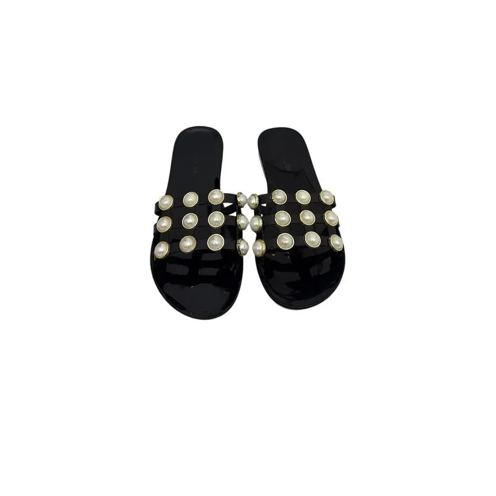 Steve Madden Shoes Slip On Black Gold Pearl Sandals Size Women's 7.5